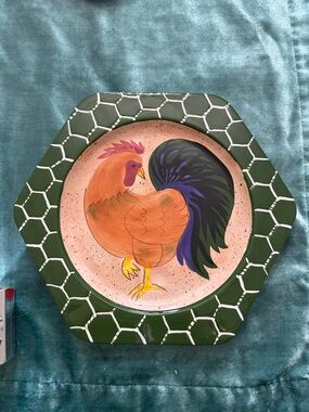 Hand-Painted Rooster Decorative Plate - Green & Peach